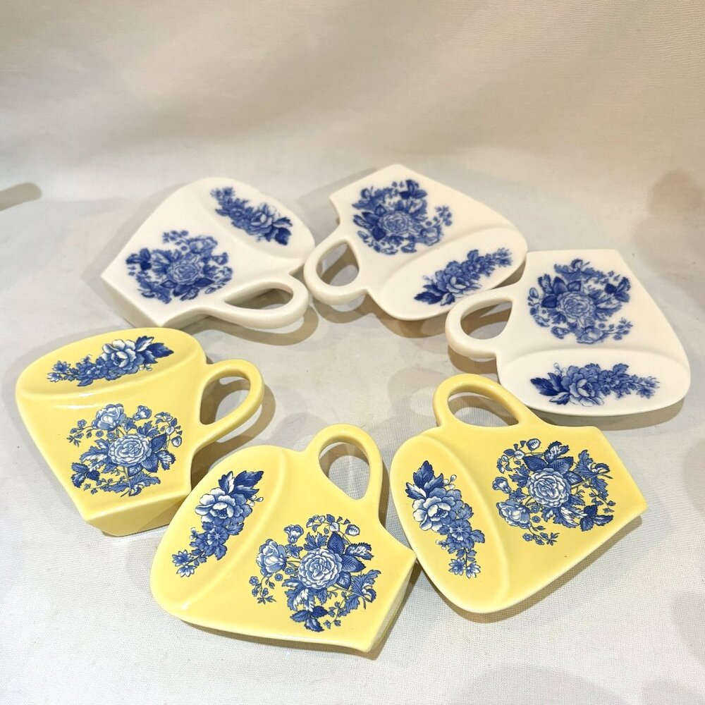 Set 6 Spode Porcelain Teabag Holder Teaspoon Rest Blue Room Garden Yellow White